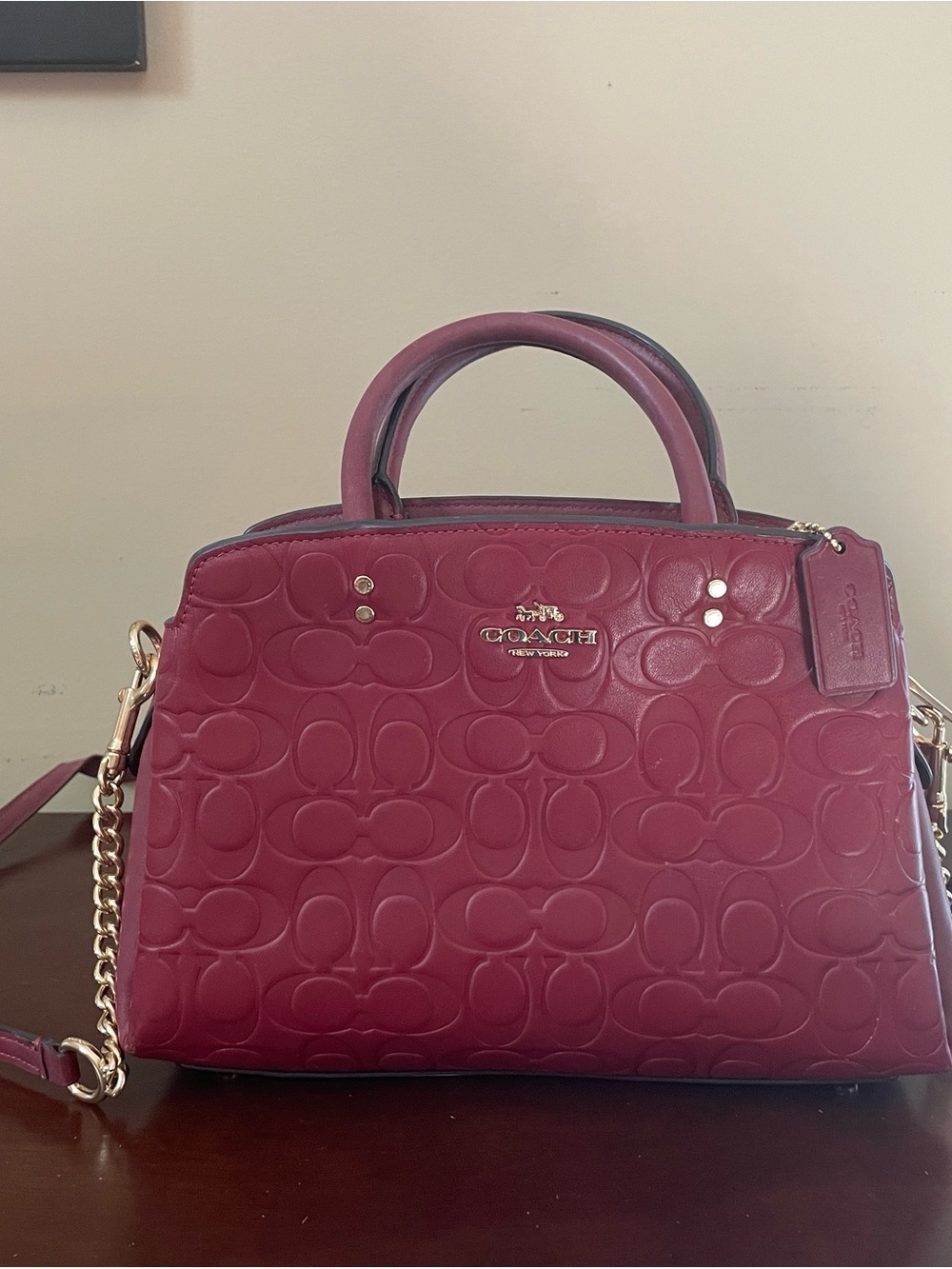 Coach Embossed Signature Satchel — Burgundy with Gold Hardware - Picture 2 of 3
